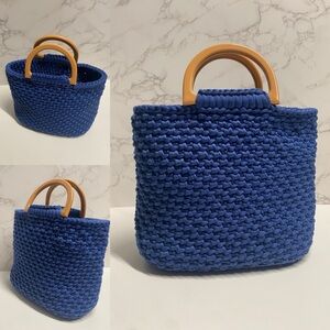 Blue Handmade Handbag with Tan Handles